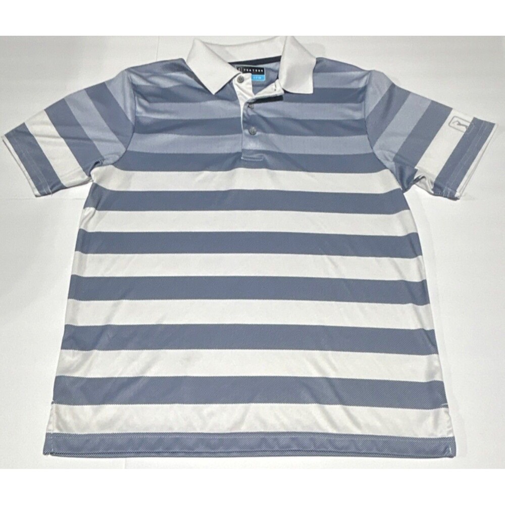 PGA TOUR Men's Blue/White Striped Polo Shirt Size S Polyester Golf Logo